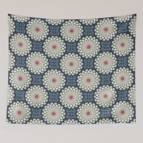 Item preview, KF 0355 B - Vintage Retro Daisy 70s Floral Pattern in Blue Red Cream designed and sold by KhakiFinch.