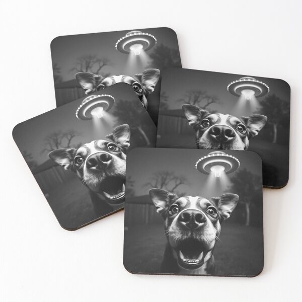 Item preview, Barking at UFOs: Canine Selfie with Alien Photobomb – B&W Conspawracy Art designed and sold by WAUZ.