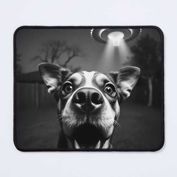 Item preview, Barking at UFOs: Canine Selfie with Alien Photobomb – B&W Conspawracy Art designed and sold by WAUZ.