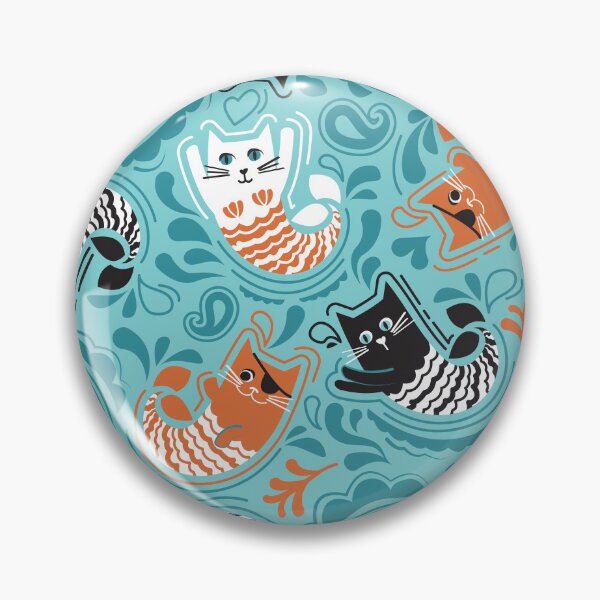 Item preview, Mermaid Cat Paisley - pool teal background orange black and white kitties designed and sold by SelmaCardoso.