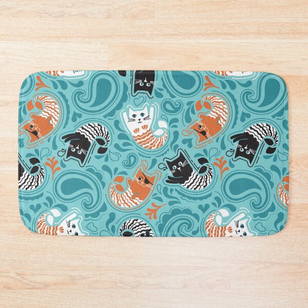 Item preview, Mermaid Cat Paisley - pool teal background orange black and white kitties designed and sold by SelmaCardoso.