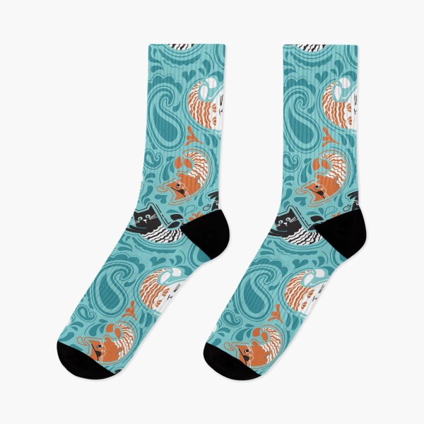 Item preview, Mermaid Cat Paisley - pool teal background orange black and white kitties designed and sold by SelmaCardoso.