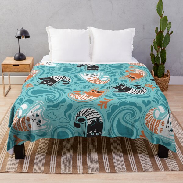 Item preview, Mermaid Cat Paisley - pool teal background orange black and white kitties designed and sold by SelmaCardoso.