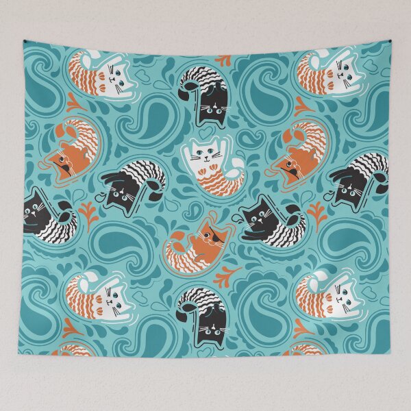 Item preview, Mermaid Cat Paisley - pool teal background orange black and white kitties designed and sold by SelmaCardoso.