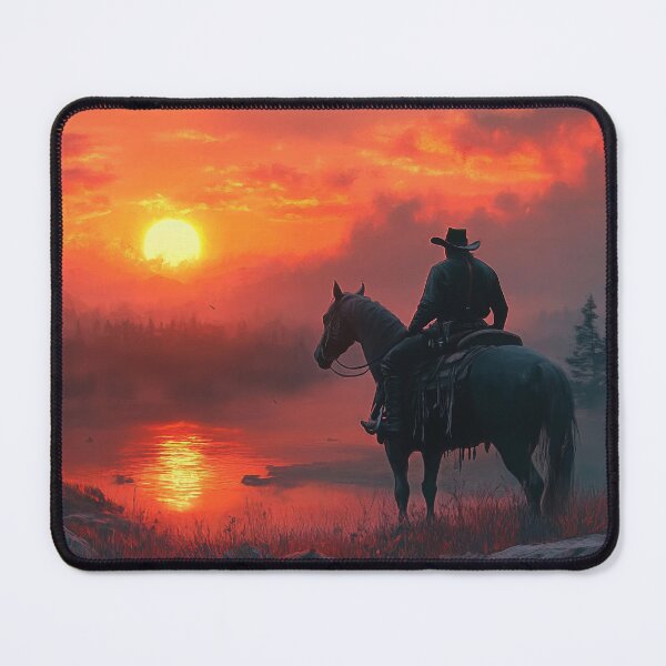 Item preview, Cowboy on horse in swamp looking at sunrise fantasy art designed and sold by TheArtistOf2022.