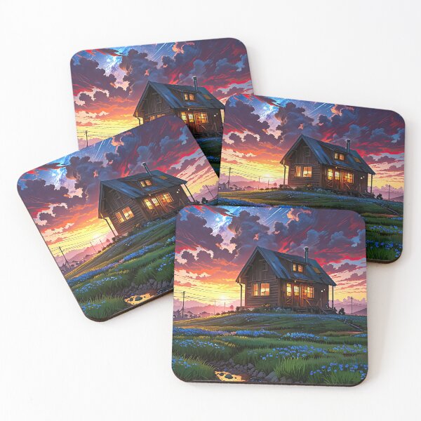 Item preview, Anime river and cabin at sunset landscape designed and sold by TheArtistOf2022.