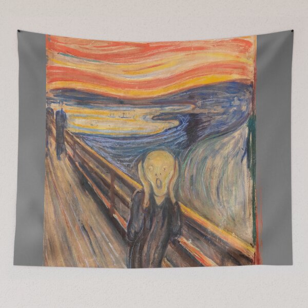 Item preview, Edvard Munch’s The Scream captures raw human anxiety with a ghostly figure on a bridge, set against a swirling red-orange sky, symbolizing existential dread. designed and sold by mirrorimages.