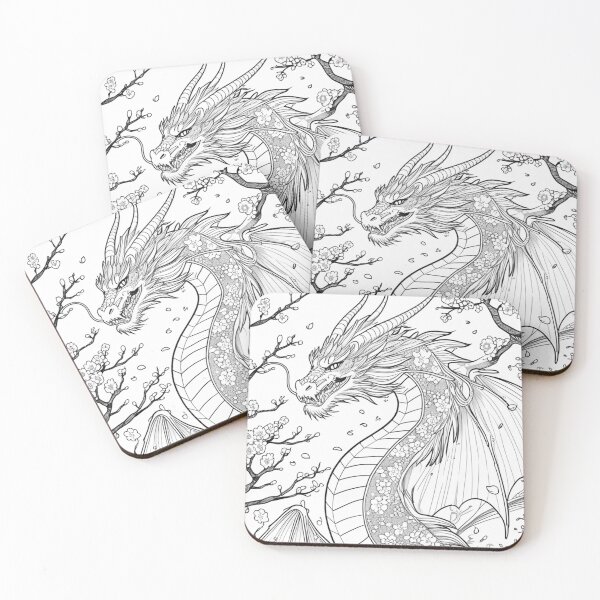 Item preview, A detailed black-and-white line art drawing of a majestic cherry blossom dragon designed and sold by arjad3n.