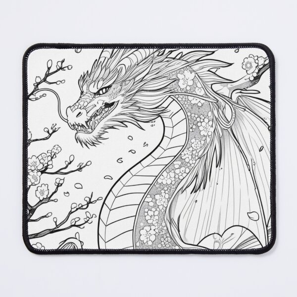 Item preview, A detailed black-and-white line art drawing of a majestic cherry blossom dragon designed and sold by arjad3n.