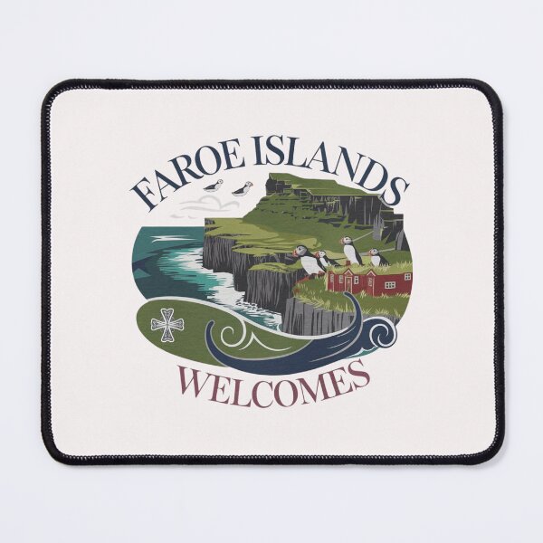 Item preview, Faroe Islands Welcomes Flag Map Cliffs, waterfalls, sheep, fjords designed and sold by AnimalsDH305.