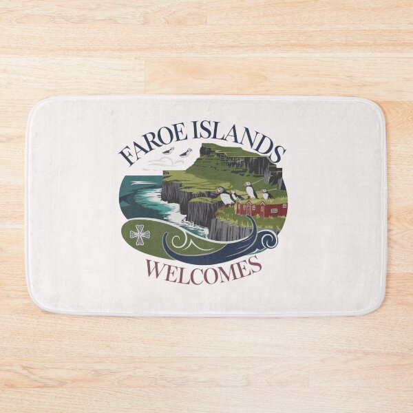 Item preview, Faroe Islands Welcomes Flag Map Cliffs, waterfalls, sheep, fjords designed and sold by AnimalsDH305.