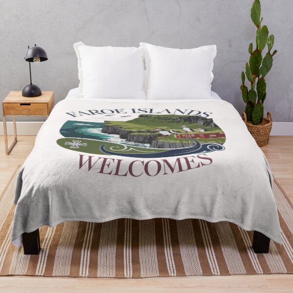Item preview, Faroe Islands Welcomes Flag Map Cliffs, waterfalls, sheep, fjords designed and sold by AnimalsDH305.