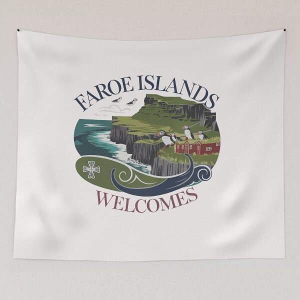 Item preview, Faroe Islands Welcomes Flag Map Cliffs, waterfalls, sheep, fjords designed and sold by AnimalsDH305.