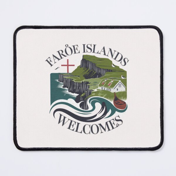 Item preview, Faroe Islands Welcomes Flag Map Cliffs, waterfalls, sheep, fjords designed and sold by AnimalsDH305.