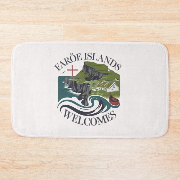Item preview, Faroe Islands Welcomes Flag Map Cliffs, waterfalls, sheep, fjords designed and sold by AnimalsDH305.