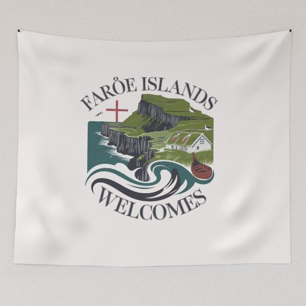 Item preview, Faroe Islands Welcomes Flag Map Cliffs, waterfalls, sheep, fjords designed and sold by AnimalsDH305.