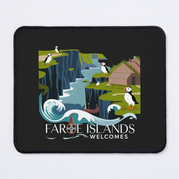 Item preview, Faroe Islands Welcomes Flag Map Cliffs, waterfalls, sheep, fjords designed and sold by AnimalsDH305.