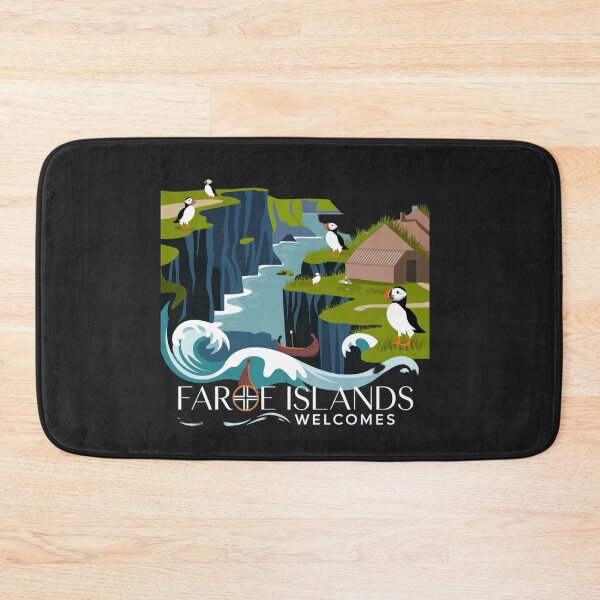 Item preview, Faroe Islands Welcomes Flag Map Cliffs, waterfalls, sheep, fjords designed and sold by AnimalsDH305.