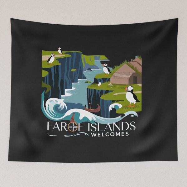 Item preview, Faroe Islands Welcomes Flag Map Cliffs, waterfalls, sheep, fjords designed and sold by AnimalsDH305.