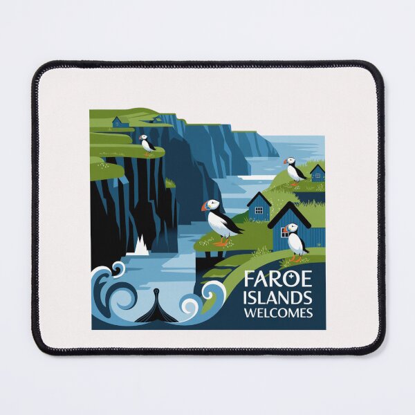 Item preview, Faroe Islands Welcomes Flag Map Cliffs, waterfalls, sheep, fjords designed and sold by AnimalsDH305.
