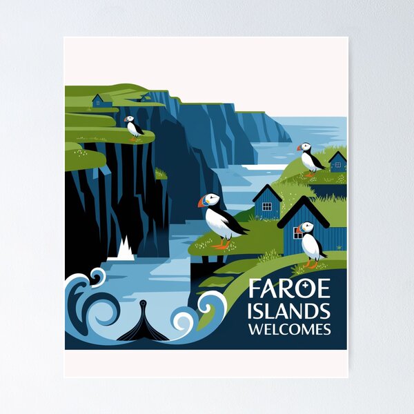 Item preview, Faroe Islands Welcomes Flag Map Cliffs, waterfalls, sheep, fjords designed and sold by AnimalsDH305.