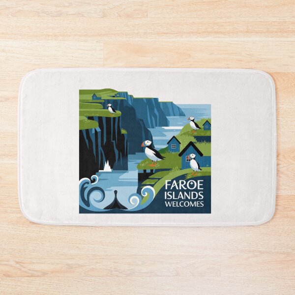 Item preview, Faroe Islands Welcomes Flag Map Cliffs, waterfalls, sheep, fjords designed and sold by AnimalsDH305.