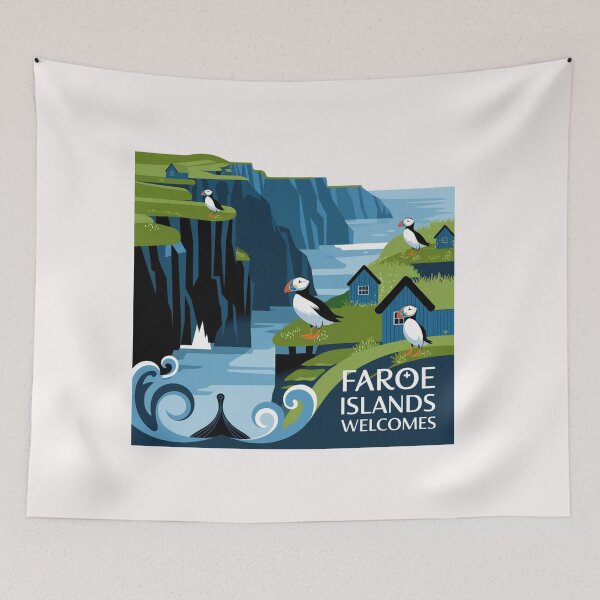 Item preview, Faroe Islands Welcomes Flag Map Cliffs, waterfalls, sheep, fjords designed and sold by AnimalsDH305.