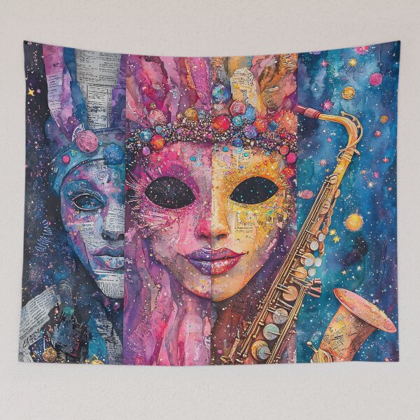 Item preview, Alien Carnival Mask & Saxophone – Surreal Mardi Gras 2025 Watercolor Art designed and sold by AnnDesignStudio.