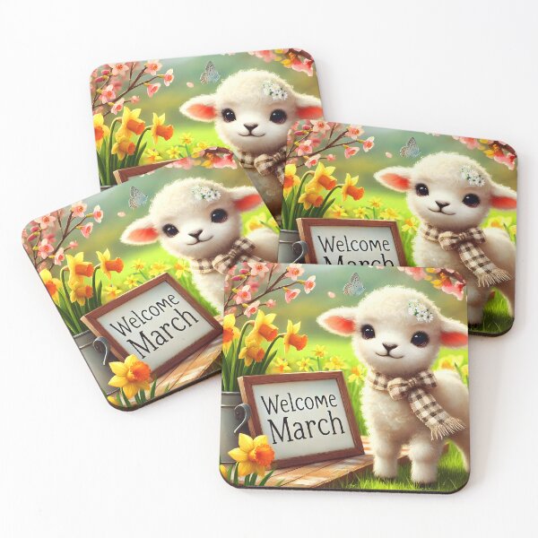 Item preview, welcome march hello march table spring daffodils settings and pink blooming branches with a cute floral lamb calendar month art designed and sold by EmeraldeaArt.