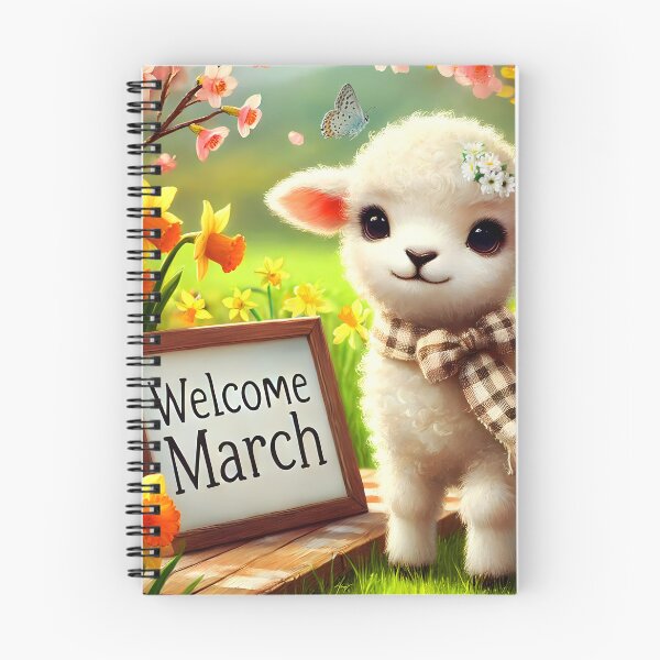Item preview, welcome march hello march table spring daffodils settings and pink blooming branches with a cute floral lamb calendar month art designed and sold by EmeraldeaArt.