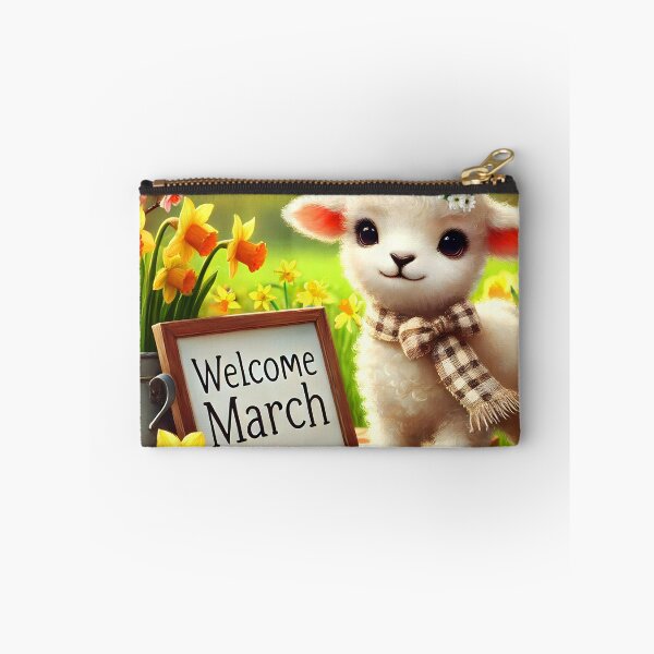 Item preview, welcome march hello march table spring daffodils settings and pink blooming branches with a cute floral lamb calendar month art designed and sold by EmeraldeaArt.