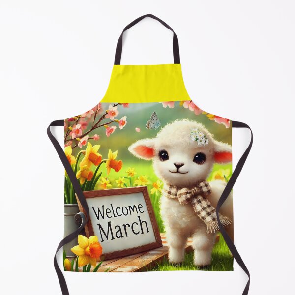 Item preview, welcome march hello march table spring daffodils settings and pink blooming branches with a cute floral lamb calendar month art designed and sold by EmeraldeaArt.