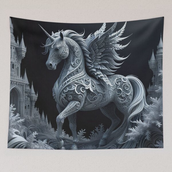 Item preview, Silver Enchanted Unicorn in a Mystical Castle designed and sold by Harmonic_Layers.
