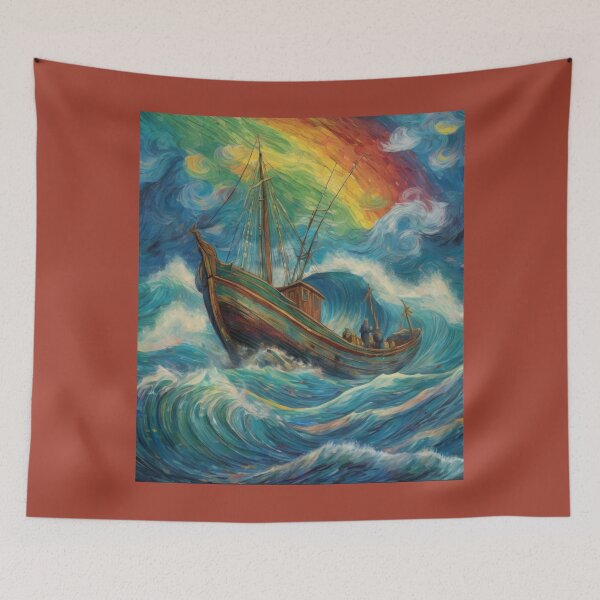 Item preview, "Ancient Fishing Boat: Sailing Under Rainbow Skies" designed and sold by Artisticanvas.