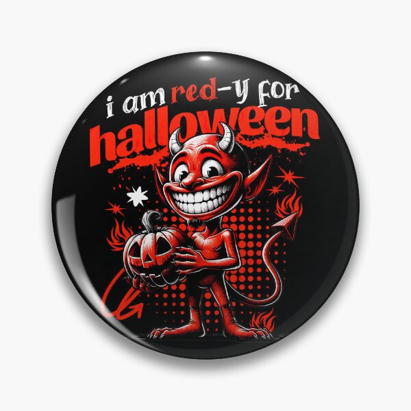 Item preview, Halloween Devil with Pumpkin Happy Red Devil Smiling White Horns designed and sold by DAMOTAmagazine.