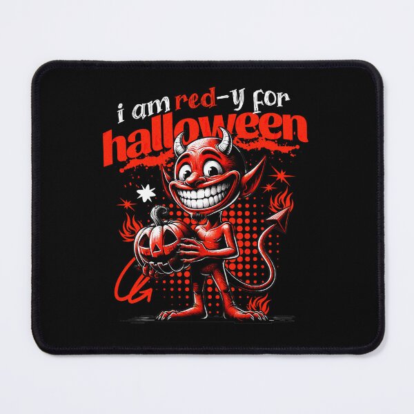 Item preview, Halloween Devil with Pumpkin Happy Red Devil Smiling White Horns designed and sold by DAMOTAmagazine.