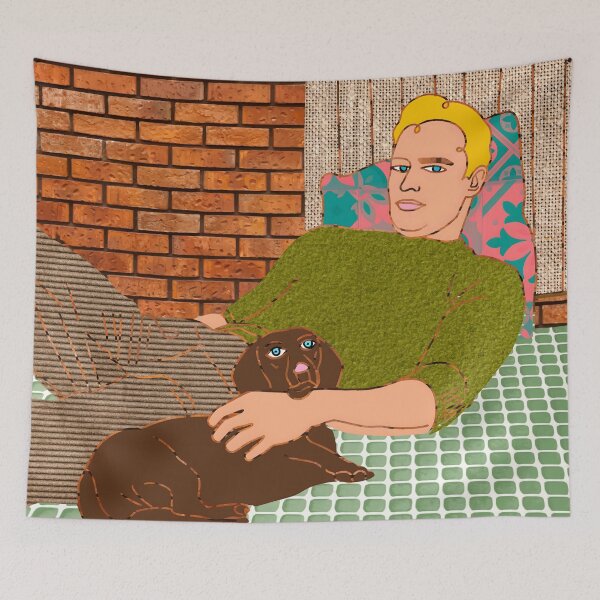 Item preview, Goodfellas, Vintage Rattan Man Dog Pet Human Companion, Dachshund Dogs Parent, Line Art Collage Illustration Home Décor, Retro Eclectic Bohemian Interiors designed and sold by 83oranges.com.