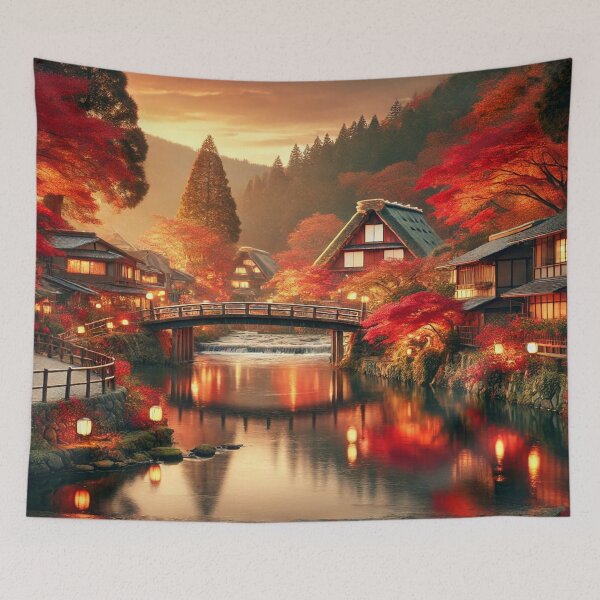 Item preview, Enchanting Japanese Village in Autumn Twilight designed and sold by NihonKamonScape.