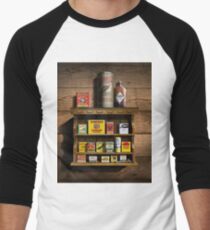 Old Fashioned Spice Rack and Spice Tins, spice Vintage Spice Tins, Nostalgic Spice Cans Art, Americana Kitchen Decor Men's Baseball ¾ T-Shirt