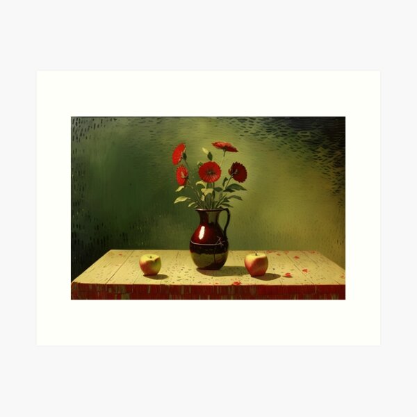 Item preview, Vibrant still life featuring flowers and apples on a rustic table in soft light designed and sold by VintageVibesVV.