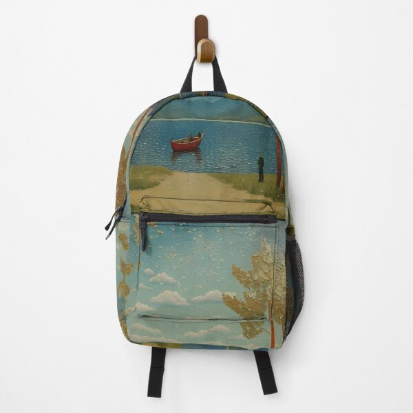 Item preview, Serene lake view with a small boat and towering trees under a starry sky in a tranquil landscape designed and sold by VintageVibesVV.