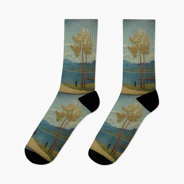 Item preview, Serene lake view with a small boat and towering trees under a starry sky in a tranquil landscape designed and sold by VintageVibesVV.