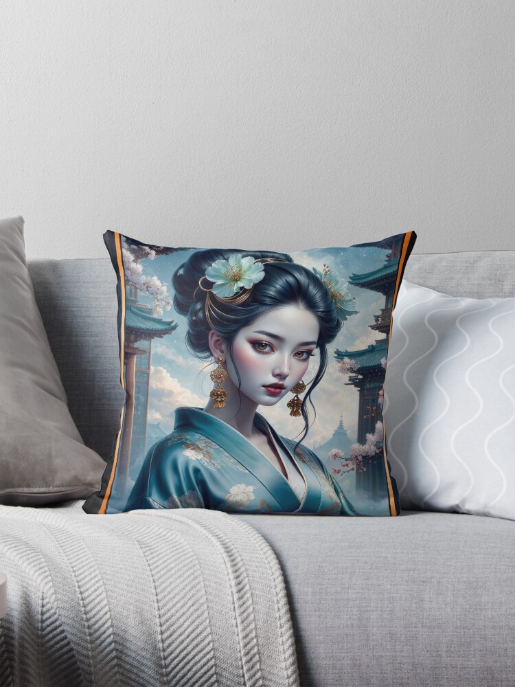 Evelina Sakurae In A Serene Kimono Surrounded By Cherry Blossoms And Pagodas Striking AI Concept Art by Xzendor7 Decorative Art Print Throw Pillow