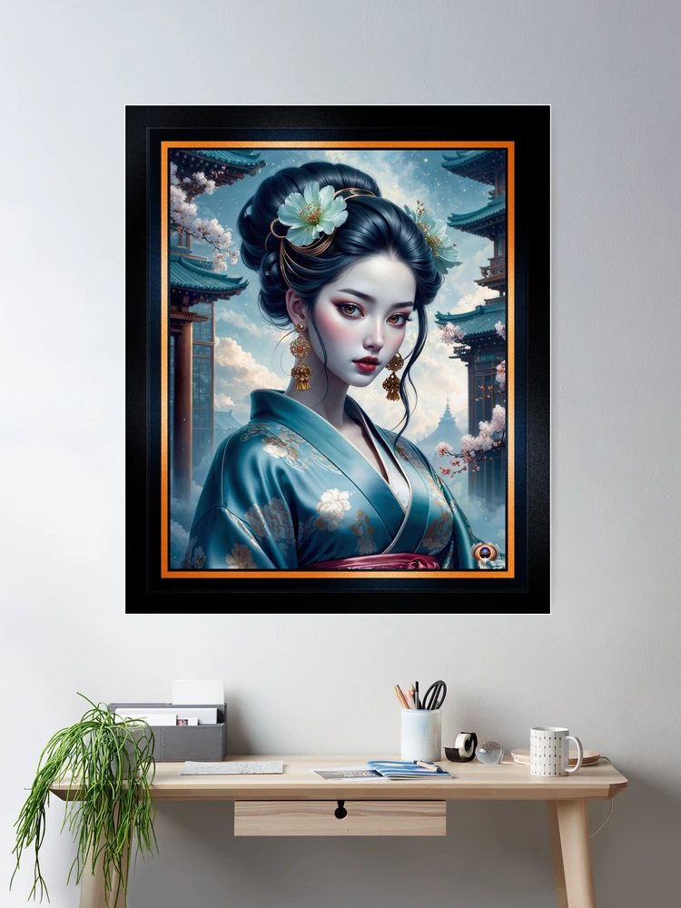 Evelina Sakurae In A Serene Kimono Surrounded By Cherry Blossoms And Pagodas Striking AI Concept Art by Xzendor7 Room Decor Poster Art Print