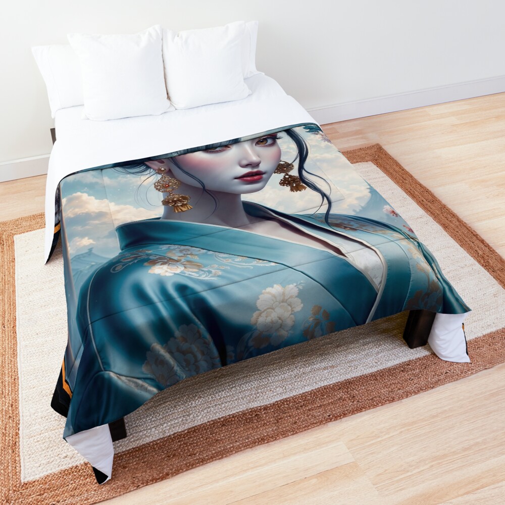 Evelina Sakurae In A Serene Kimono Surrounded By Cherry Blossoms And Pagodas Striking AI Concept Art by Xzendor7 Decorative Art Print Comforter
