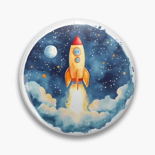 Item preview, A watercolor illustration of a rocket launching into space, framed in a round shape.  designed and sold by Mariana Shymkovych.
