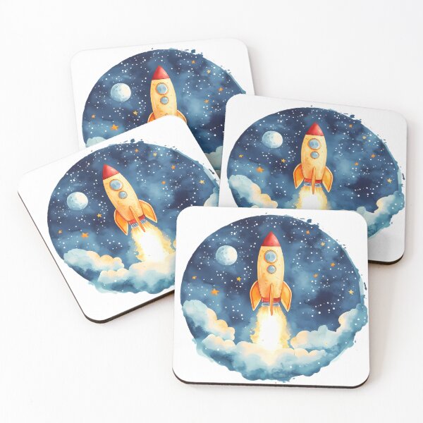 Item preview, A watercolor illustration of a rocket launching into space, framed in a round shape.  designed and sold by Mariana Shymkovych.