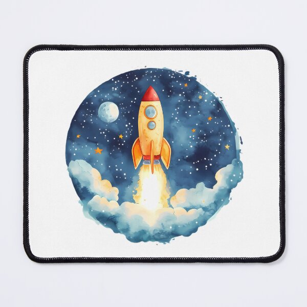 Item preview, A watercolor illustration of a rocket launching into space, framed in a round shape. designed and sold by Mariana Shymkovych.