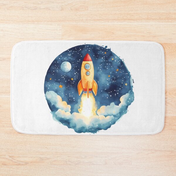 Item preview, A watercolor illustration of a rocket launching into space, framed in a round shape.  designed and sold by Mariana Shymkovych.