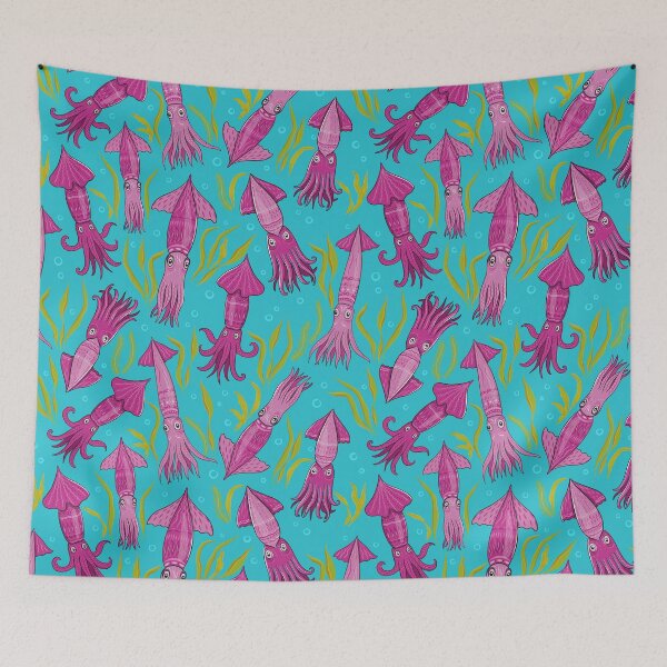 Item preview, Bright squid with ornaments and algae on a blue background of the sea. designed and sold by Skaska.